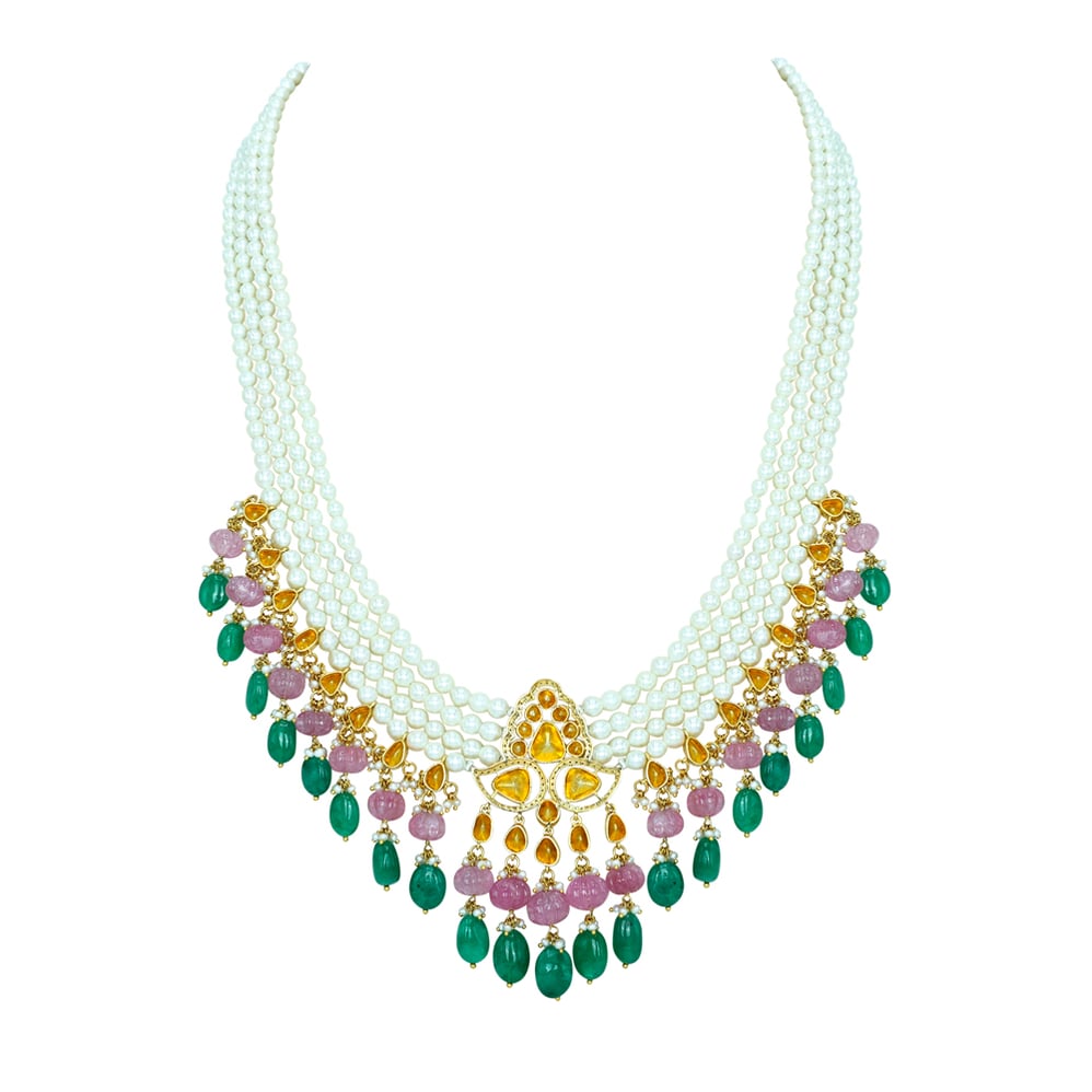 Layered Pearl Necklace with Polki, Emerald, and Rose Quartz Beads